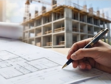 Mãos analisando plantas de um projeto de construção